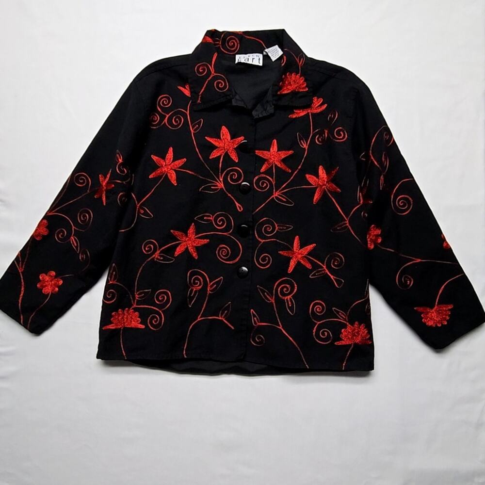 Vintage Keren Hart Floral Embroidered Jacket Black Red Womens M Button Front